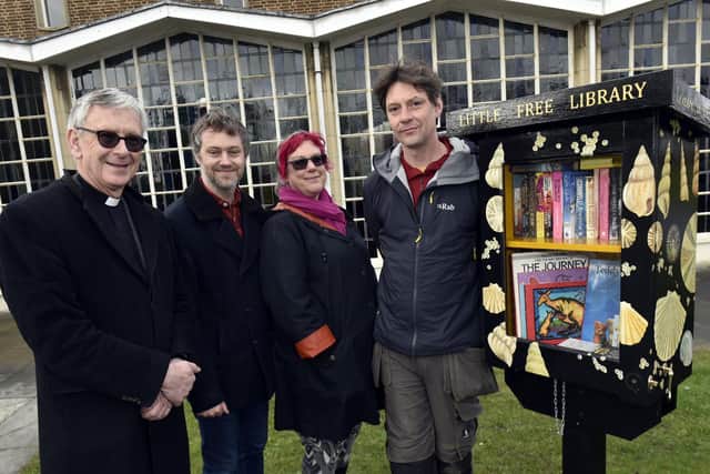 Father Nicholas Clews, Vicar of Thornbury and Woodhall and Waterloo, pictured with the Leeds Little Free Library at St James the Great Church, Galloway Court, Galloway Lane, Pudsey.
He is pictured with Coun Peter Carlill, (Lab Calverley and Farsley);  Jane Clifford, administrator Leeds Little Free Library and cabinet maker Dave Ayres.

Photo: Steve Riding