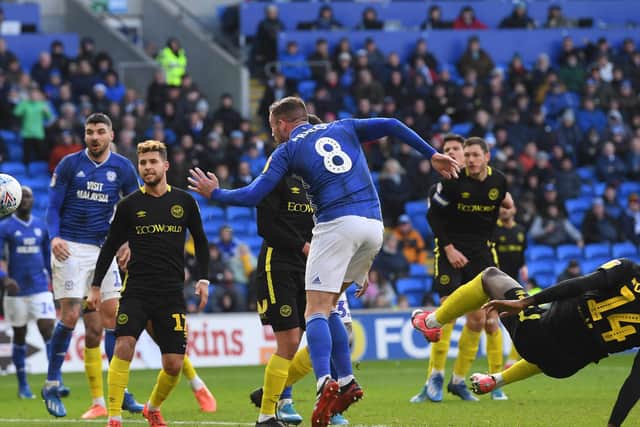 FIGHTBACK: Joe Ralls heads Cardiff City level in last month's 2-2 draw at home to Brentford in which the Bluebirds trailed 2-0. West Brom, Brentford and Fulham all failed to win at the Cardiff City Stadium this term. Photo by Stu Forster/Getty Images.