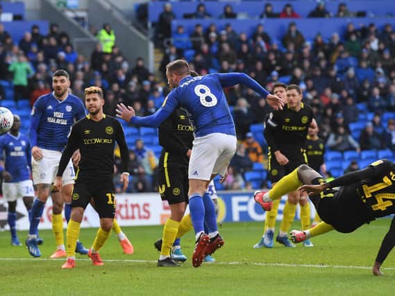 FIGHTBACK: Joe Ralls heads Cardiff City level in last month's 2-2 draw at home to Brentford in which the Bluebirds trailed 2-0. West Brom, Brentford and Fulham all failed to win at the Cardiff City Stadium this term. Photo by Stu Forster/Getty Images.