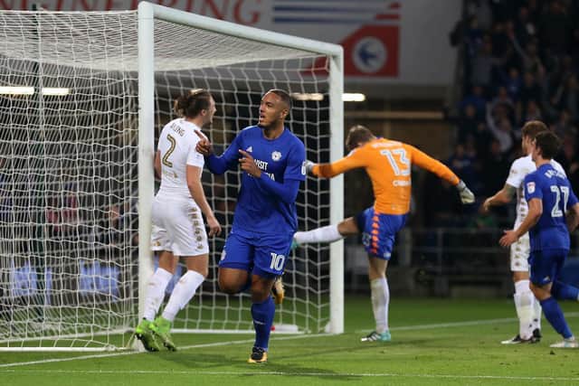HORROR SHOW: Kenneth Zohore fires Cardiff City ahead en route to a 3-1 victory against Leeds United in south Wales in September 2017. Picture by Nigel French/PA Wire.