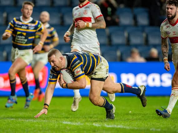 Cameron Smith scores for Rhinos in their win over Hull KR. Picture by Bruce Rollinson.