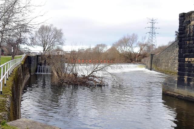 Knostrop Weir on the River Aire at Thwaite Mills  pictured in Februay 2015 before the Flood alleviation work was carried out at the site.