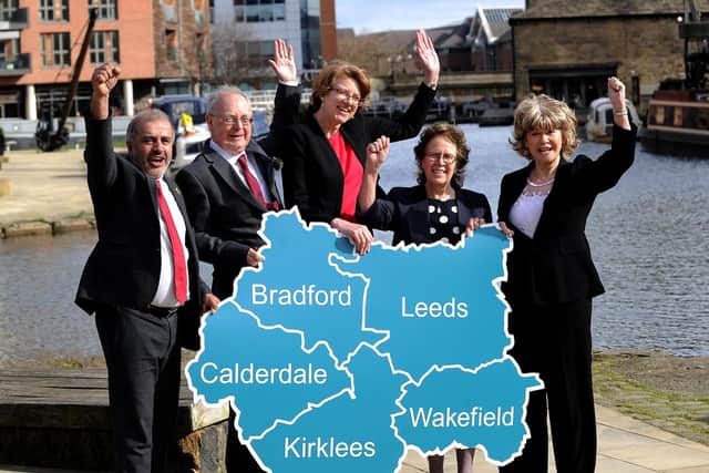 Devolution photocall with the leaders of the local councils, Granary Wharf, Leeds. Pictured from the left are Shabir Pandor (kirklees Council Leader), Tim Swift (Calderdale) Susan Hinchcliffe (Bradford) Judith Blake (Leeds) and Denise Jeffery (Wakefield)