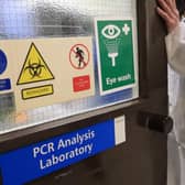 The entrance to the pathology labs at Leeds General Infirmary during the visit of Chancellor Rishi Sunak to view the testing procedures that will be used by the lab when it begins to receive coronavirus samples for testing. Photo: PA