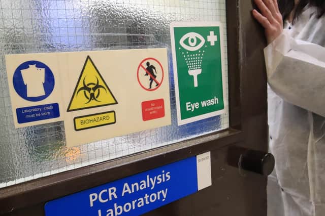 The entrance to the pathology labs at Leeds General Infirmary during the visit of Chancellor Rishi Sunak to view the testing procedures that will be used by the lab when it begins to receive coronavirus samples for testing. Photo: PA