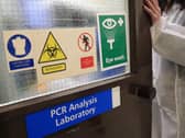 The entrance to the pathology labs at Leeds General Infirmary during the visit of Chancellor Rishi Sunak to view the testing procedures that will be used by the lab when it begins to receive coronavirus samples for testing. Photo: PA