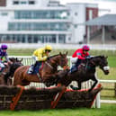 PARTING SHOT: Global Fame and Connor Brace, second right, won the Watch Racing TV In Stunning HD Novices’ Hurdle. Picture: Bruce Rollinson