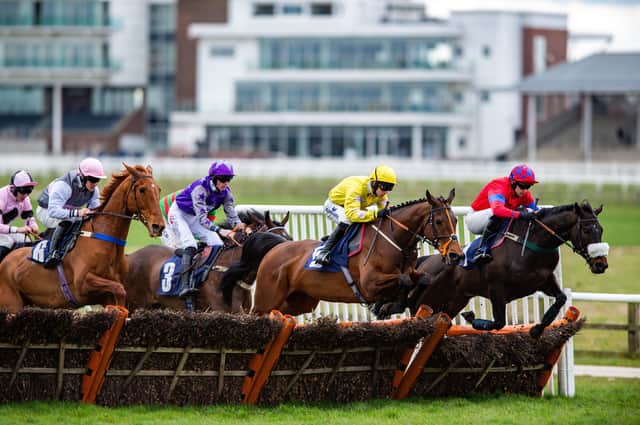 PARTING SHOT: Global Fame and Connor Brace, second right, won the Watch Racing TV In Stunning HD Novices’ Hurdle. Picture: Bruce Rollinson