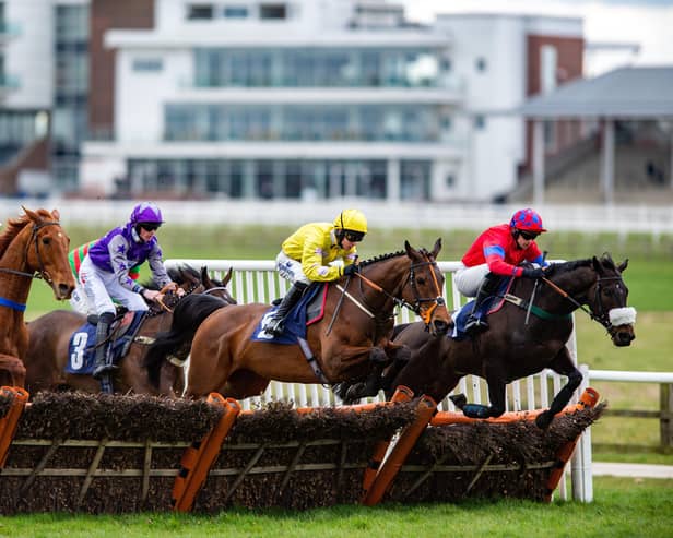 PARTING SHOT: Global Fame and Connor Brace, second right, won the Watch Racing TV In Stunning HD Novices’ Hurdle. Picture: Bruce Rollinson