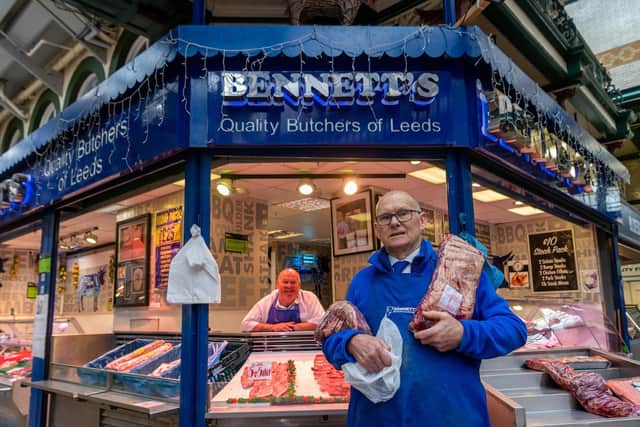 Neil Hawkesworth, (Manager) and Leo Burke (Staff member) from Bennetts Butchers at Leeds Kirkgate Market.