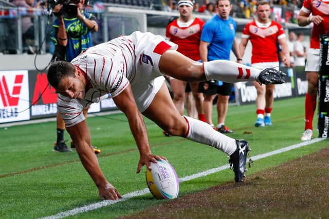 Ryan Hall scores for England against Wales in the Rugby League World Cup 9s in Sydney last year - only to see it ruled out. (Photo: David Neilson / www.photosport.nz SWpix.com)