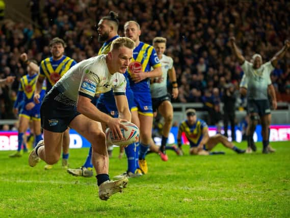 Brad Dwyer's try against Warrington Wolves. Picture by Bruce Rollinson.