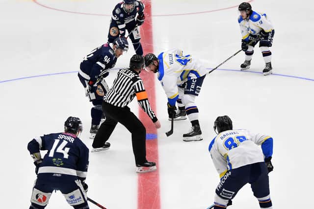 DO YOU REMEMBER THE FIRST TIME? Lewis Houston, top right, Patrik Valcak, centre and Adam barnes, bottom right, face-off for the first-ever time at Leeds ice rink on January 31. Picture: Jonathan Gawthorpe.
