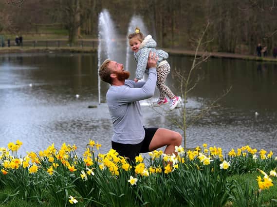 Leeds Rhinos player Matt Prior pictured with his daughter Indie aged 2 at Roundhay Park, Leeds.