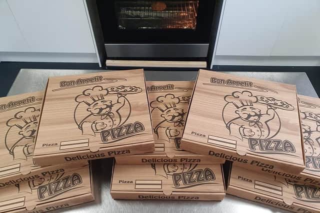 The stack of pizzas delivered by family-run Garforth restaurant 450 Degrees, to the Coach House Care Home. They also sent pizzas to The Hollies care home, also in Garforth.