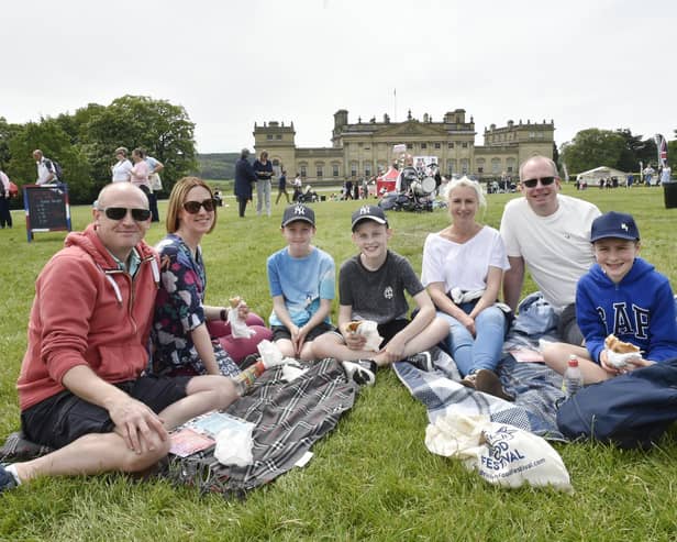 The Great British Food Festival at Harewood House Bank Holiday Weekend in 2019: Pictured are: David and Karen Martin of Harrogate with children Alex, 10 and Ben 12 and Laura and Andy Bryer and son Josh, 12 of Harrogate. Photo: Steve Riding