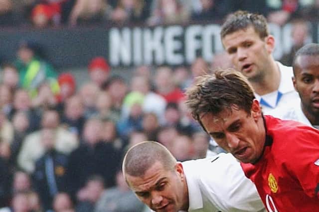 Manchester United's Gary Neville in action against Leeds United. (Image: Getty)