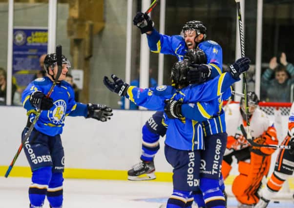 Leeds Chiefs' players celebrate their overtime win at Elland Road against eventual NIHL National champions, Telford Tigers. Picture courtesy of Mark Ferriss.