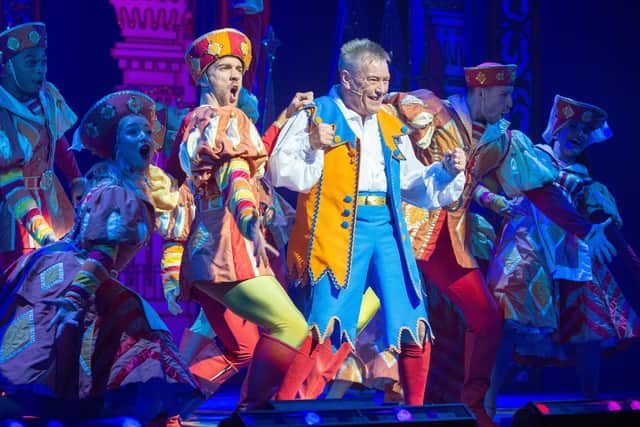Billy Pearce as Muddles in the 2019 Snow White and the Seven Dwarves at the Alhambra Theatre in Bradford, alongside Steps star Faye Tozer as the Wicked Queen and fellow-funny man Paul Chuckle as Henchman.Picture Bruce Rollinson