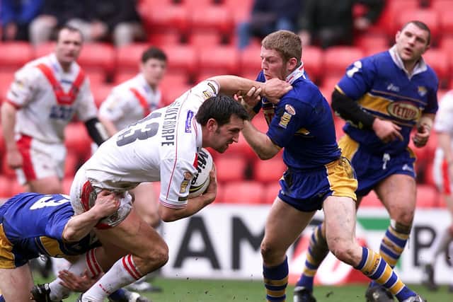 Barrie McDermott, far right, watches on as St Helens' Paul Sculthorpe is tackled during the 2001 Challenge Cup semi-final.