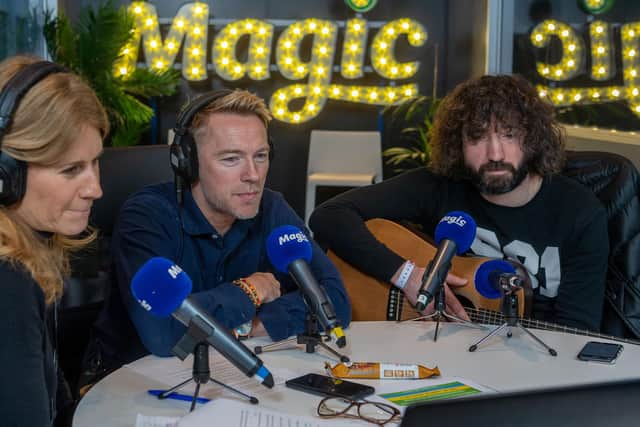 SONGSMITH: Micky P Kerr with Ronan Keating and Harriet Scott on Magic Radio's Breakfast Show. Picture: James Hardisty.