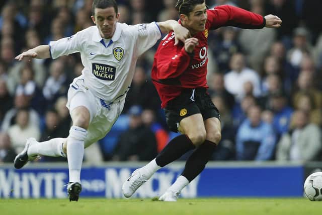 Former Leeds United right-back Gary Kelly in action against Cristiano Ronaldo at Elland Road. (Image: Getty)