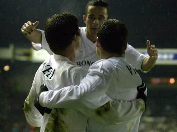Harry Kewell is congratulated by Mark Viduka and Gary Kelly after scoring against Grasshoppers at Elland Road in December 2001.