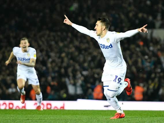 STUNNING: Pablo Hernandez races away to celebrate after firing Leeds United into a first-minute lead against West Brom last March. Photo by George Wood/Getty Images.