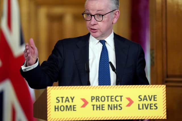 Minister for the Cabinet Office Michael Gove answering questions from the media via a video link during a media briefing in Downing Street. Photo: PA
