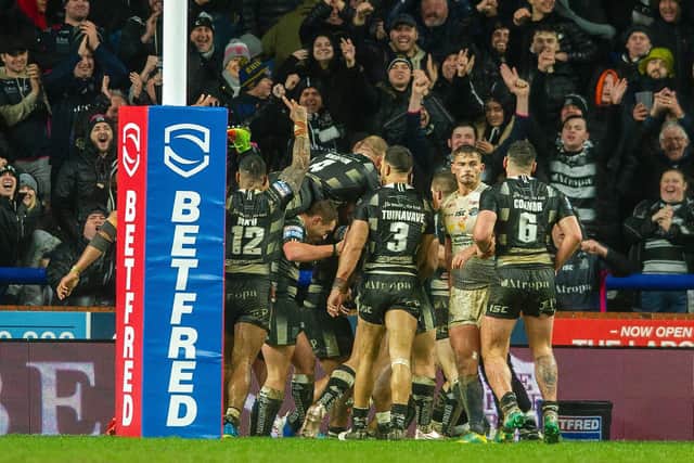 Stevie Ward watches on as Hull celebrate. Picture by Tony Johnson.