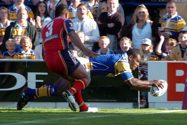 Leeds Rhinos' Marcus Bai touches down against London in 2005. Picture: Steve Riding.