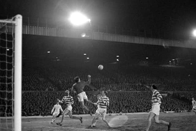 ON THIS DAY: Williams, Celtic goalkeeper, punches clear from Leeds' Jones in the European Cup semi-final, first leg at Elland Road, Leeds. Picture: PA/PA Wire.