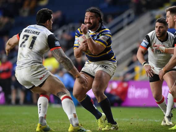 Konrad Hurrell takes on Sonny Bill Williams in Rhinos' most recent match, a 66-12 drubbing of Toronto. Picture by Jonathan Gawthorpe.