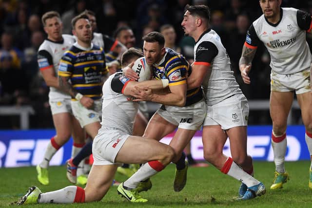 LAY-OFF: Luke Gale is held short of the Toronto line. It is nearly a month since Leeds Rhinos were last in action against the Wolfpack. 
Picture: Jonathan Gawthorpe
.