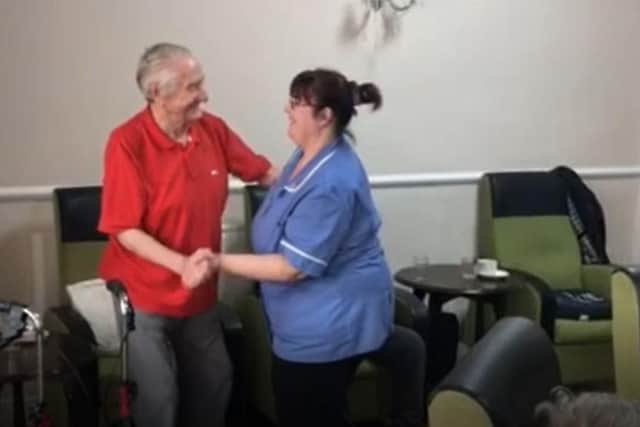 Dennis enjoying the karaoke at Victoria House care home (photo and video: Jackie Buckley)