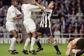 BACK IN THE DAY: Carlton Palmer, left, and Leeds United team-mate Brian Deane, challenge Newcastle United defender Darren Peacock in the Premier League clash at St James' Park in November 1995. Photo by Ben Radford/Allsport/Getty Images.