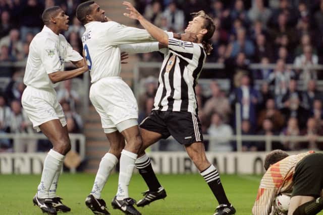 BACK IN THE DAY: Carlton Palmer, left, and Leeds United team-mate Brian Deane, challenge Newcastle United defender Darren Peacock in the Premier League clash at St James' Park in November 1995. Photo by Ben Radford/Allsport/Getty Images.