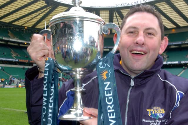 Flashback: Phil Davies after he had guided Leeds Tykes to the Powergen Cup – a highpoint in its 30-year history. They will kick off next season in the third tier – National League One. (Picture: Steve Riding)