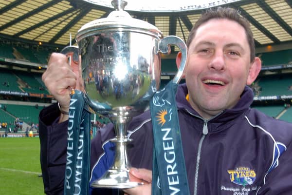 Flashback: Phil Davies after he had guided Leeds Tykes to the Powergen Cup – a highpoint in its 30-year history. They will kick off next season in the third tier – National League One. (Picture: Steve Riding)