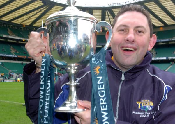 Flashback: Phil Davies after he had guided Leeds Tykes to the Powergen Cup – a highpoint in its 30-year history. They will kick off next season in the third tier – National League One. (Picture: Steve Riding)