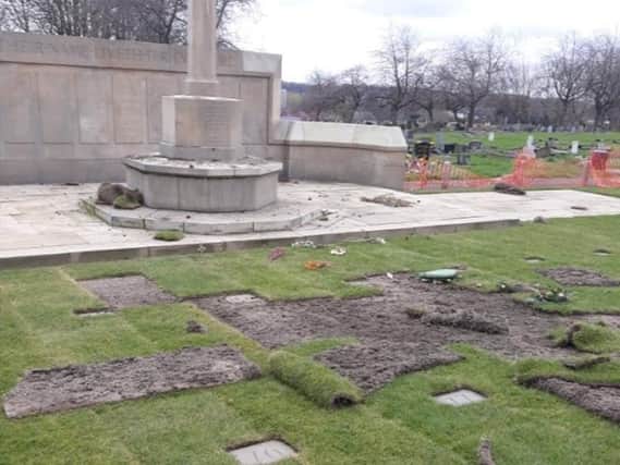 Damage to the turf in Harehills Cemetery
