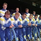 Leeds United team in 1990 wearing tracksuits in the blue and yellow colourway. PIC: Varley Picture Agency