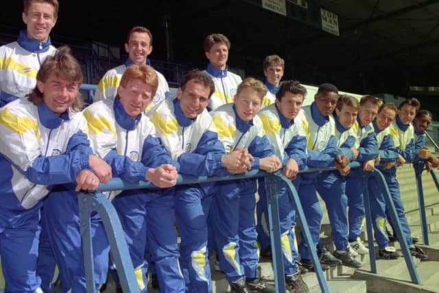 Leeds United team in 1990 wearing tracksuits in the blue and yellow colourway. PIC: Varley Picture Agency