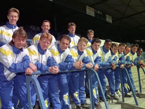 Leeds United team in 1990 wearing tracksuits in the blue and yellow colourway. PIC: Varley Picture Agency
