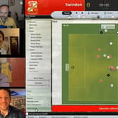 Screengrab of three football fans from the Square Ball podcast as they were joined by comedian Jon Richardson (bottom) to play Football Manager 12,000 for food banks. Photo credit: The Square Ball/PA