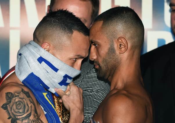 HEAD TO HEAD: Josh Warrington and Kid Galahad go head to head at the weigh in before their fight last year: Picture: Jonathan Gawthorpe.