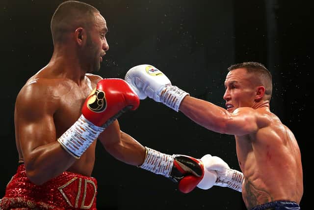ON THE FRONT FOOT: Josh Warrington on the attack against Kid Galahad during their fight at the First Direct Arena, Leeds last June. Picture: PA.