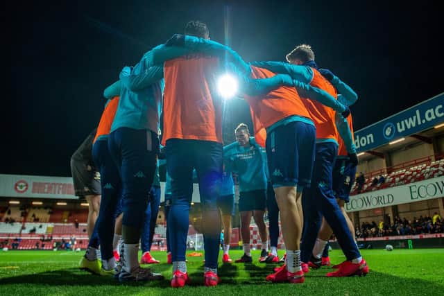 COLLECTIVE: Leeds United players pictured before the Brentford performance that turned things around. Pic: Bruce Rollinson