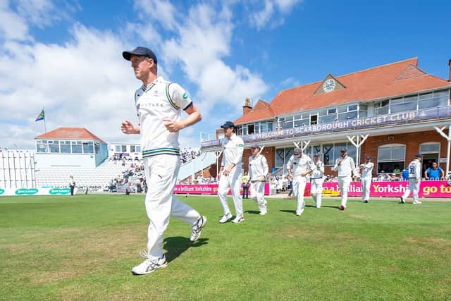 ON LEAVE: Steve Patterson leads his side out against Surrey at North Marine Road last summer. All of this year's Yorkshire squad have been placed on furlough due to the coronavirus pandemic. Picture: Allan McKenzie/SWpix.com