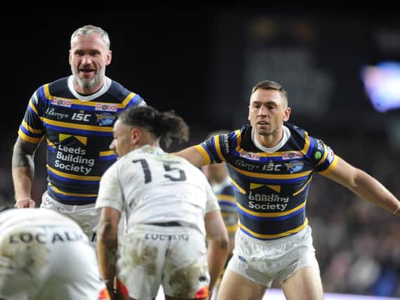 Jamie Peacock and Kevin Sinfield played together for one last time in Jamie Jones-Buchanan's testimonial game three months ago. Picture by Steve Riding.